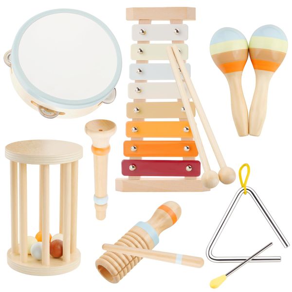 Baby Musical Instruments-Montessori Wooden Toys with Modern Boho Xylophone Tambourine, Neutral Colors Musical Toys for Toddlers 3+,Kids Preschool Educational Birthday Gifts.