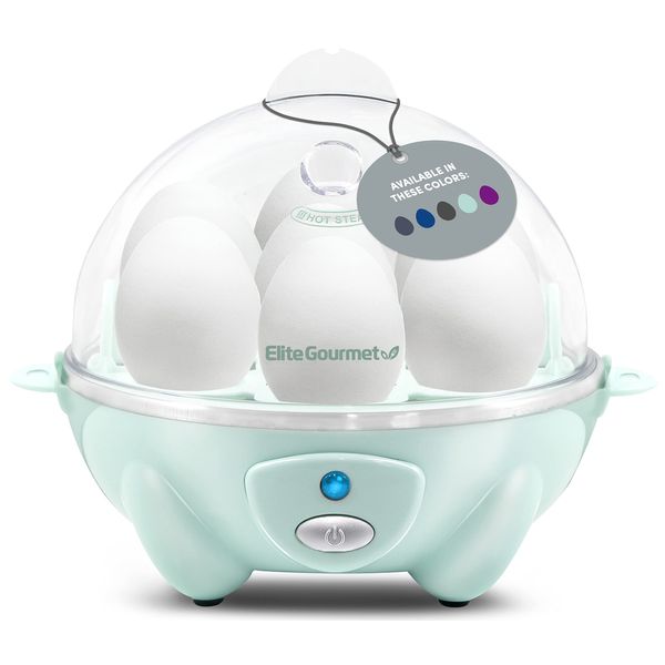 Elite Gourmet EGC007M# Rapid Egg Cooker, 7 Easy-To-Peel, Hard, Medium, Soft Boiled Eggs, Poacher, Omelet Maker, Auto Shut-Off, Alarm, 16-Recipe Booklet, BPA-Free, Mint, 7 Egg