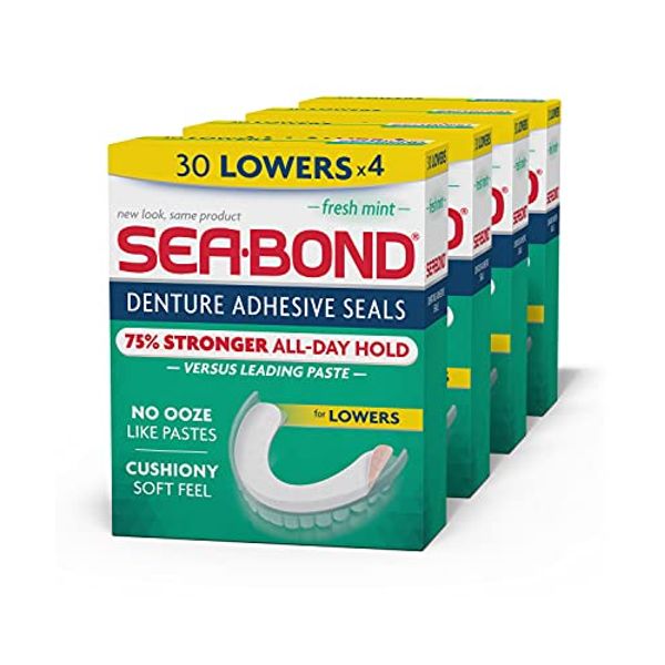 Sea-Bond Secure Denture Adhesive Seals, Fresh Mint Lowers, Zinc-Free, All-Day-Hold, Mess-Free, 30 Count (Pack of 4)