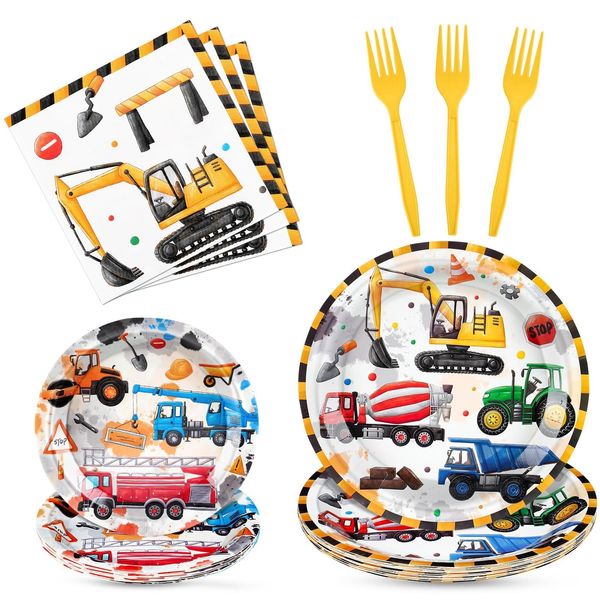 WERNNSAI Construction Party Supplies Set - 64 PCS Dump Truck Themed Plates Napkins and Forks Disposable Construction Party Tableware for Kids Boys Baby Shower Birthday Party Serves 16 Guests