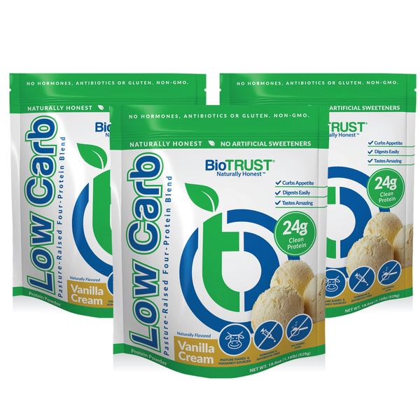 BioTrust Low Carb Protein Powder – Natural and Delicious Whey & Casein Blend from Grass-Fed Hormone Free Cows – Non GMO, Soy Free, Gluten Free, Hormone Free (Vanilla, 3-Pack)