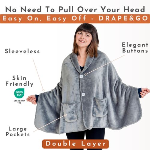 EzrAllora Premium Double Layer Poncho Blanket -No Sleeves Easy On Easy Off- Drape and Go Blanket Shawl Gift for Women Who Have Everything - Gifts for Grandma and Mom (Silver Grey)