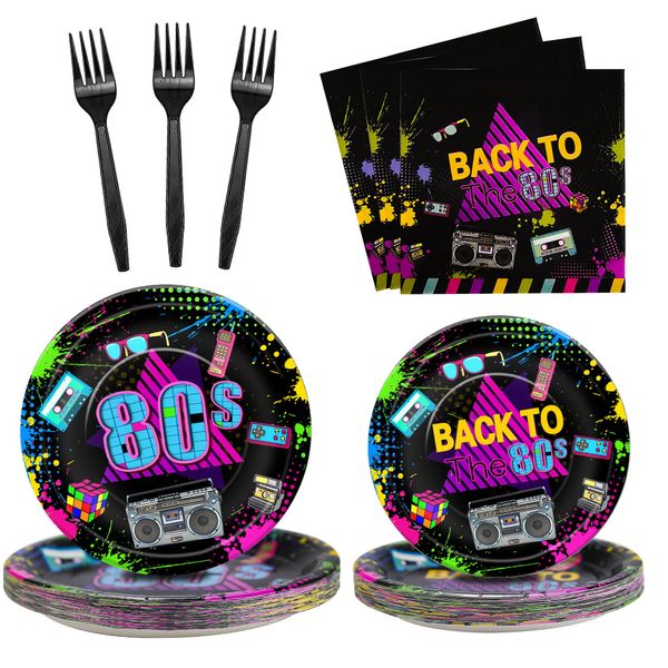 PYCALOW 80s Party Decorations Tableware - 80s Decorations Paper Plates And Napkins Party Supplies, Dinner Plate, Dessert Plate, Napkin, Fork, 80's Theme Birthday Table Decorations | 24 Guests