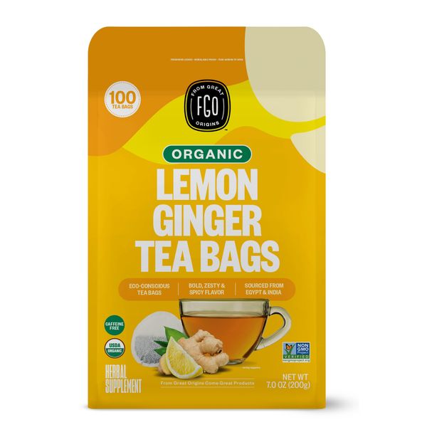 FGO Organic Lemon Ginger Tea, Eco-Conscious Tea Bags, 100 Count, Packaging May Vary (Pack of 1)