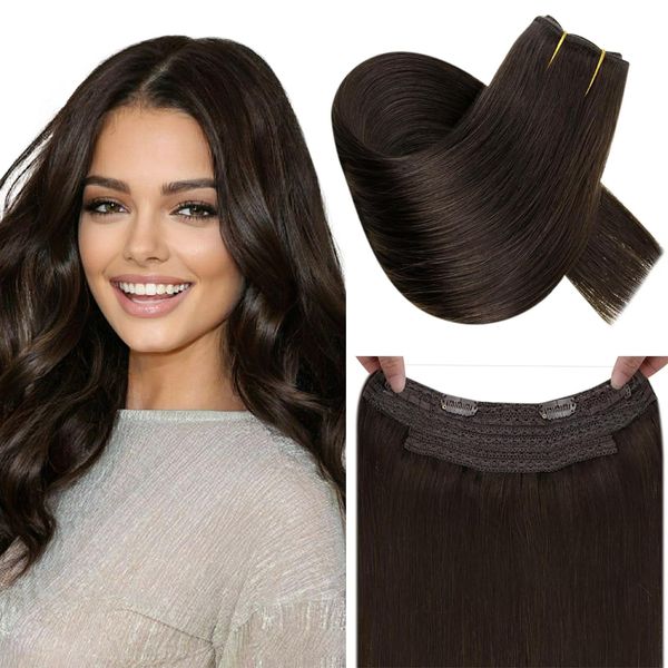 RUNATURE Extensions Echthaar Unsichtbare Mit Draht Braun Echte Haar 35cm Haarverlängerun Echthaar mit Draht Straight One Piece Braun Haarverlangerung Wire Extensions Echthaar 70g Farbe #2