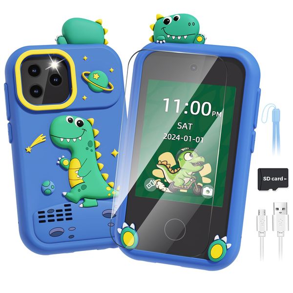 Sueseip Smart Phone for Kids Toys Age 4-6, Christmas Birthday Gifts Dinosaur Toddler Toys for Boys 5-7, Touchscreen Dual Camera Kids Cell Phone for Boys Age 8-10, with Games,SD Card,Screen Protector