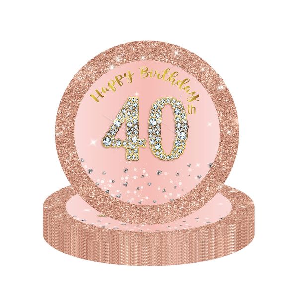 YAAVAAW Happy 40th Birthday Paper Plates 7" Rose Gold,16Pcs Womens Birthday Party Plates Tableware,40th Birthday Decorations Plates for Women,Her 40th Birthday Party Supplies Table Decorations