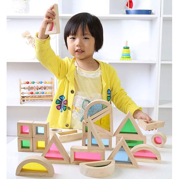 Agirlgle Wood Building Blocks Set for Kids 24 Pcs Rainbow Stacker Stacking Game Construction Toys Set Preschool Colorful Learning Educational Toys - Geometry Wooden Blocks for Boys & Girls