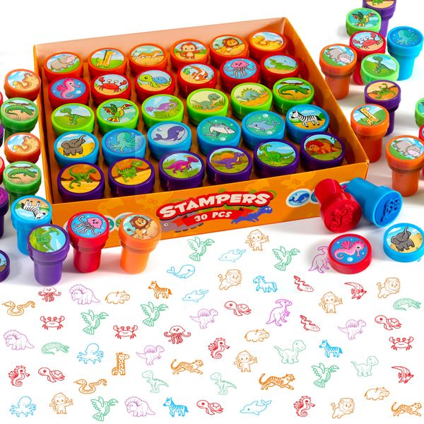 SYNCFUN 30 Pcs Animal Stamps for Kids, Assorted Self Inking Stamps for Children, Toddler Party Bag Fillers for Kids,5 Colors 30 Patterns Childrens Stampers Prize Bag Fillers Small Gifts for Kids
