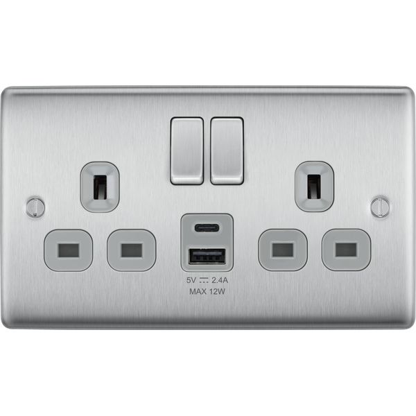 Generic BG Brushed Steel Double Socket with USB 12W Type A & Type C USB NBS22UAC12G