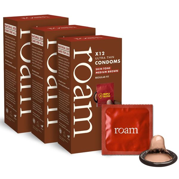 Roam Ultra Thin Condoms, 36(12x3pk) Medium Brown Condoms Original Latex Regular Fit Condom for Safer Sex and Contraception, 100% Vegan and Generously Lubricated for Skin Feel Experience