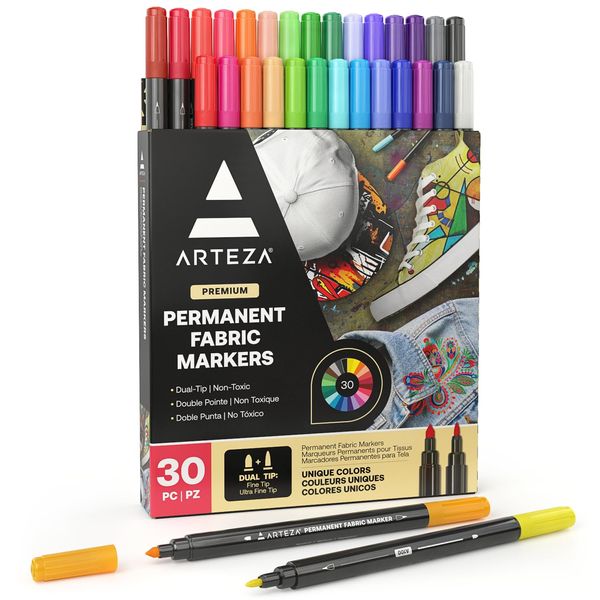 ARTEZA Fabric Pens for T-Shirts, 30 Assorted Colours, Permanent, Machine Washable, Textile Fabric Markers for Jeans, Sneakers, Backpacks, Jackets