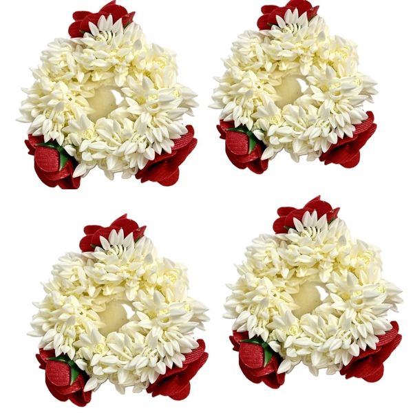 Generic CREATIVE ZONE Mogra Gajra Hair Accessories, 4 Pcs Floral Wreaths for Hair Bun, White with Red Flowers, Scented Rubber Bands, for Women and Girls