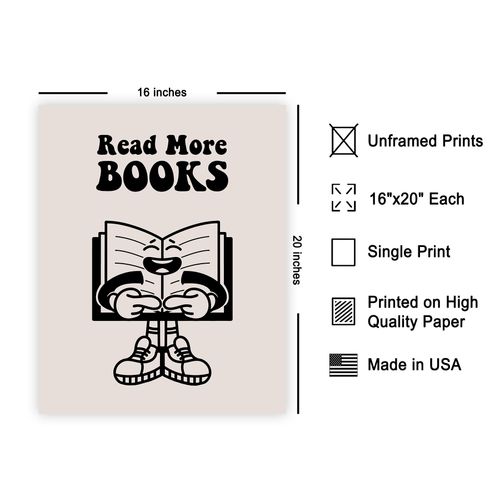 Poster Master Read More Books - Retro Print - Reading and Funky Art - Black Preppy - Book Lover - Bookworm - Great Classroom or Library Wall Decor - 16x20 UNFRAMED