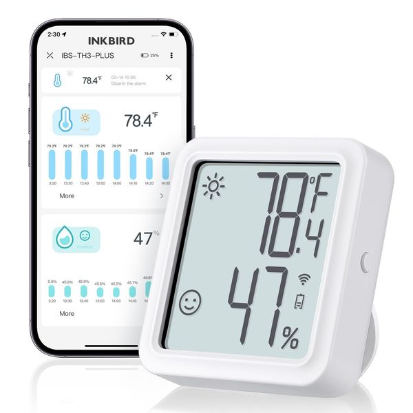 INKBIRD WiFi Thermometer Hygrometer, Indoor Temperature Sensor IBS-TH3-PLUS with Electronic Display, Humidity Monitor with App Alert 1 Year Data Storage Export, Digital Remote Monitor for Room