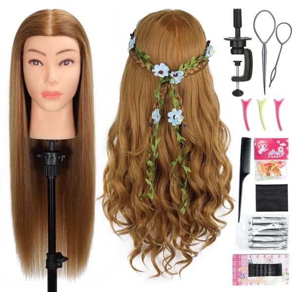 MQHIHI Mannequin Head Human Hair, 80% Real Hair Mannequin Head Cosmetology Manikin Practice Doll Head for Braiding Hairstyling Cutting with Free Clamp Holder and Tools (Light Brown)