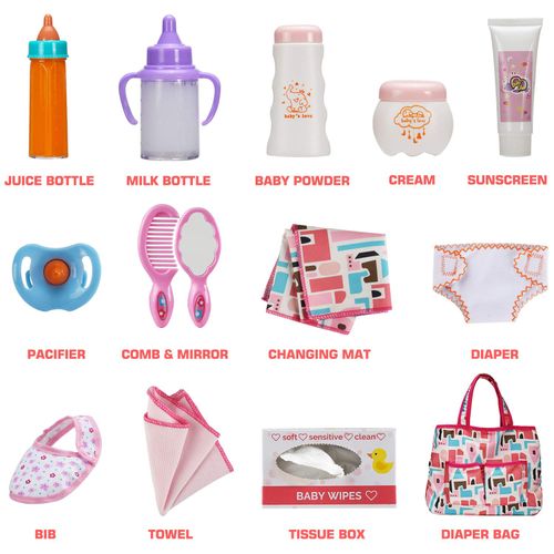 14 Pack Baby Doll Accessories, Baby Doll Feeding and Caring Set Includes Diaper Bag, Doll Diapers, Magic Bottle, Changing Mat for Girl Toddler Kid, Babies Pretend Play Set for Birthday Gift Christmas