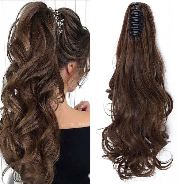 Fashion Ponytail Hair Extension Claw Curly Wavy Straight Clip in ponytail Hairpiece One Piece fake hair Ponytails for Women 18” Curly Black mix Light Auburn