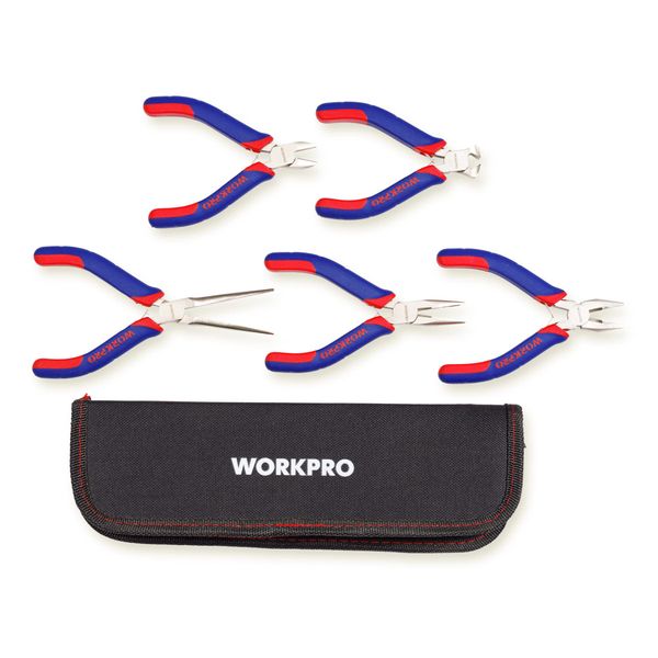 WORKPRO Mini Pliers Set Jewelry Pliers 5-Piece, Including Linesman Pliers, Long Nose Pliers, Diagonal Pliers, End Cutting, Needle Nose with Organizer Pouch