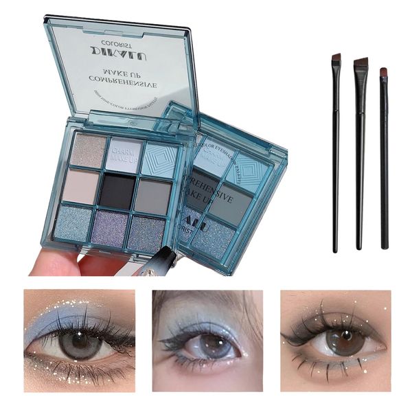 Ninnyi Glitter Blue Eyeshadow Palette with 3 Brushes, Matte Eye Shadows Pallets for Girl Women Makeup