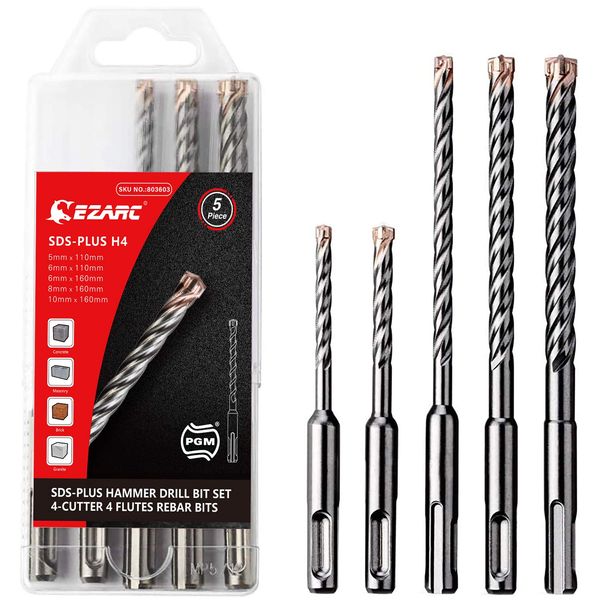 EZARC 5 Piece Drill Bit Set, SDS Plus Shank, Electric Hammer Drill Bit, 4 Cutters, Carbide Drill, Concrete, Blocks, Masonry, Brick, Tile, Mortar