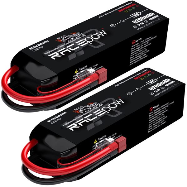 RACEPOW 3S Lipo Battery 6200mAh 60C 11.1v Lipo Battery RC Car Battery RC Battery with T Deans Connector for RC Airplane Helicopter Quadcopter RC Car Boat Truck(2 Packs)