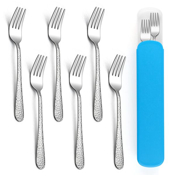 Herogo Toddler Fork Set of 7, Stainless Steel Children Forks Set with Travel Case, Hammered Handle Kids Cutlery Set for Kindergarten, School, Barbecue, Child Friendly & Dishwasher Safe