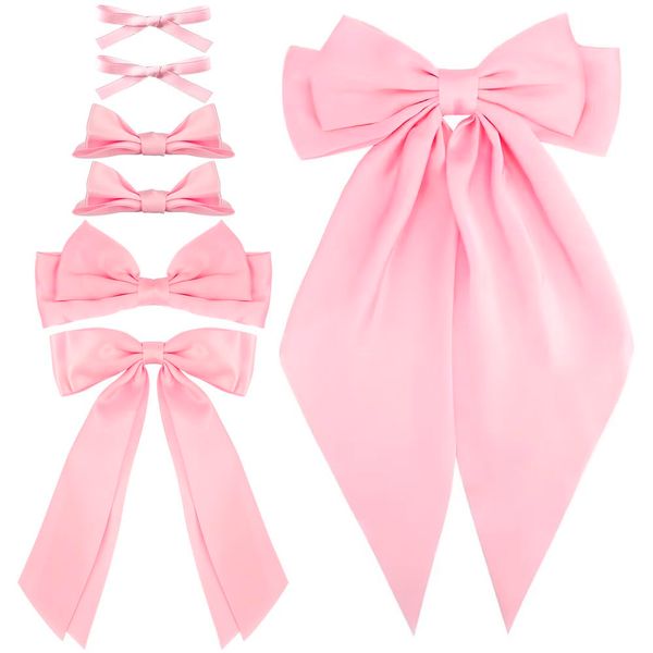 Ahoney 7 Pack Pink Bows for Hair Bows Silky Satin Hair Bow Hair Clips Long Tail Multi Style French Hair Ribbon Coquette Bows Hair Barrettes for Women Girls