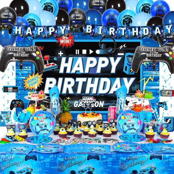 VOFGODI Video Game Birthday Decorations, 240Pcs Gaming Party Decorations for 10 Guests Banners, Balloons and Tablecloths, Boys Birthday Party Set Blue