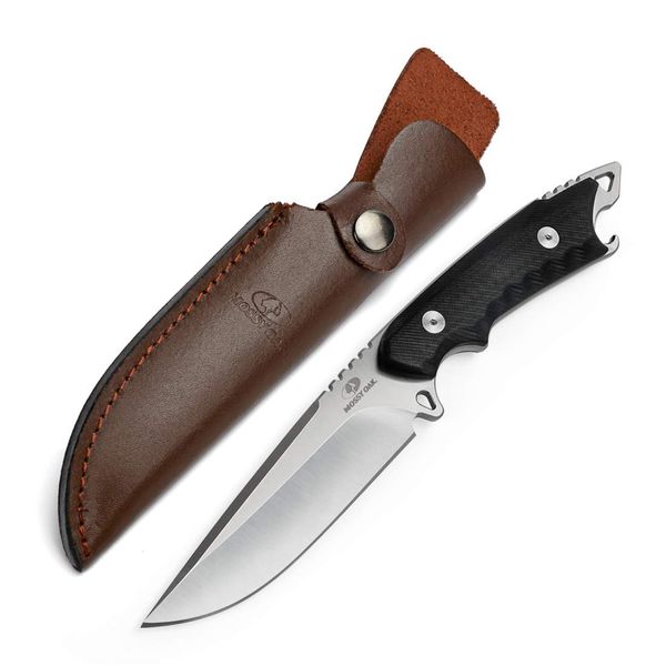 MOSSY OAK High-quality Sheath Knife, Survival Knife, Full Tang Mechanism, Comes with Leather Cover, for Outdoors, Camping, Emergency Situations, Home Use, Barbecues, Doubles Up as Can-opener or Emergency Escape Hammer, Comes with Clip Point