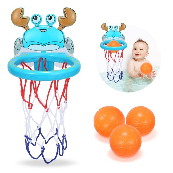 Bath Toys, Bathtub Basketball Hoop for Kids Toddlers - New Upgraded Strong Suction Cup Basketball Hoop with 3 Balls Set, Bath Toys Shower Toys Gifts for 1-8 Year Old Boys Girls Kids (Crab-blue)