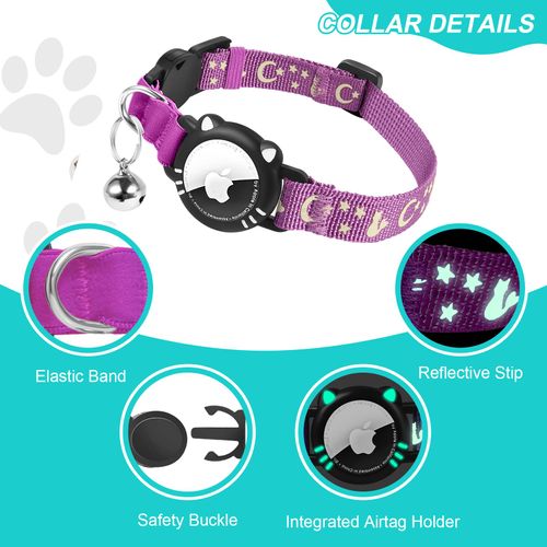 AgoumLux Cat Collar with Airtag Holder, Reflective Cats Collar Breakaway with Bell, Pet Tracker Compatible with Apple Air Tag for Kittens and Puppies, Purple, XS(7-9 Inch)