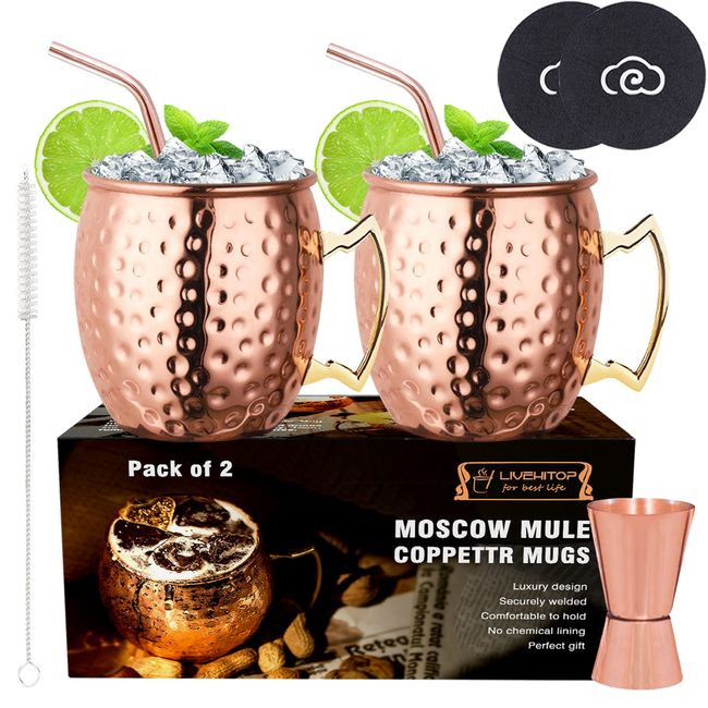 LIVEHITOP Moscow Mule Copper Mugs Set of 2, 19.5 Oz Handcrafted Copper Cups Stainless Steel Lining with Jigger, Straws, Brush, Coasters for Party, Bar, Gift