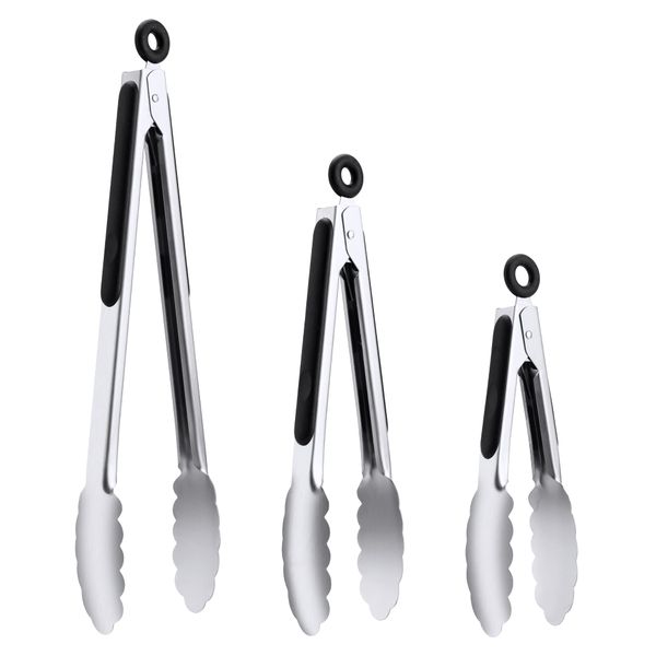 Stainless Steel Kitchen Tongs Set of 3, Food Grade Stainless Steel Metal Tongs BBQ Tongs, for Cooking Barbecue, Grilling, Buffet Serving (7"+9"+12")