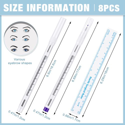 8 Pieces Microblading Marker Pen with Paper Ruler Skin Marker Eyebrow Permanent Makeup Position Mark Tools Markers Pen for Eyebrow Lips Skin (White and Purple,Single-Head)