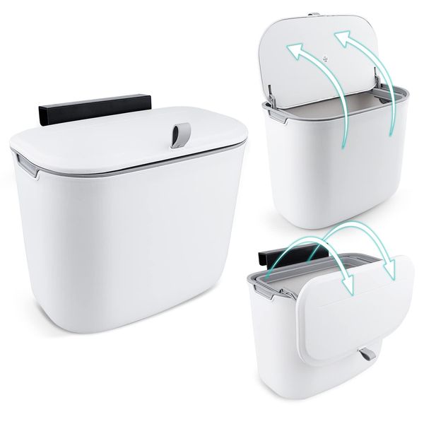 Pecihiko Kitchen Compost Bin, Hanging Kitchen Cabinet Door Cupboard Bins with Lid or Wall Sticking Bathroom Trash Can with Sliding Cover for Bathroom, Toilet, Motorhome, Bedroom (1.5 Gallon)