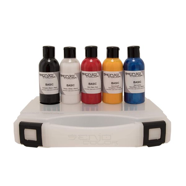 Senjo Color Basic Pinsel & Airbrush Bodypainting Farben Set 5 x 75ml Schwarz, Weiß, Rot, Gelb, Blau für Gesicht und Körper im Koffer