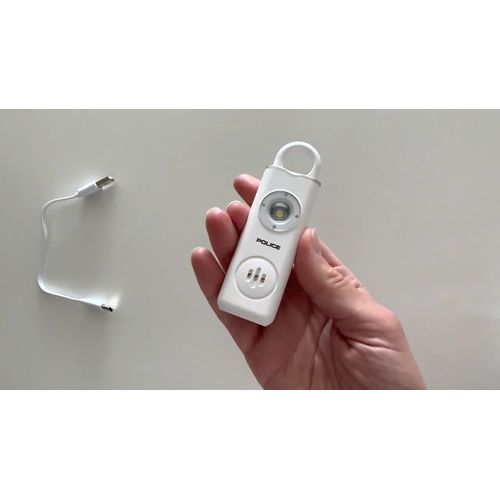 POLICE Personal Alarm Keychain Rechargeable Flashlight Emergency Siren White