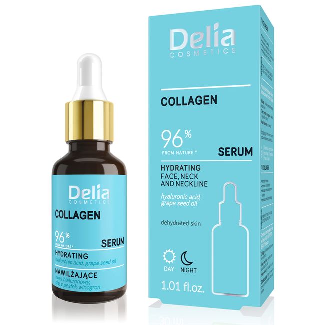 Delia Cosmetics - Serum Kollagen - Feuchtigkeitsspendende, Anti-Falten, Behandlung mit Hyaluronsäure für trockene Haut - 96% natürliche Inhaltsstoffe - Gesicht und Dekolleté - Tag-und Nacht - 30ml