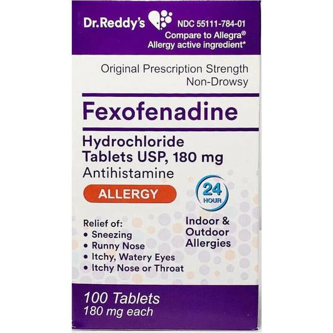 Dr Reddys Fexofenadine 180 mg Tablets Allergy Relief 100 Count -Exp Date 6-2025