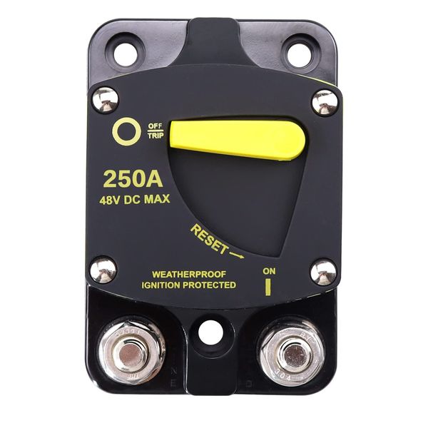 RKURCK 12V - 48V DC 250 Amp Surface Mount & Panel Mount Circuit Breakers with Yellow Manual Reset Button Waterproof 250A