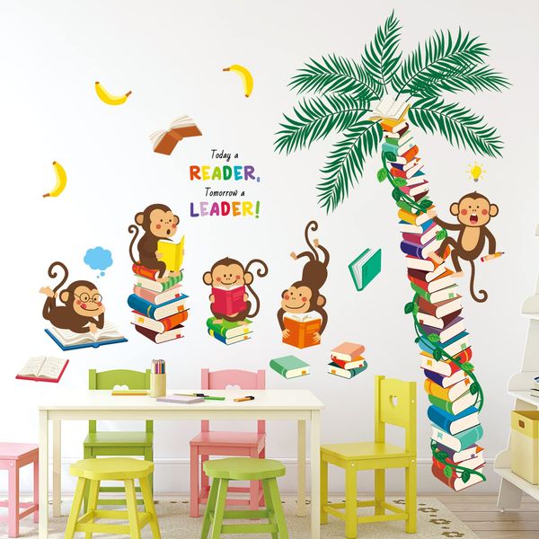 DECOWALL DSL-8065 Monkey Tree Book Wall Sticker Decor Kindergarten Nursery Kids Room DIY Wall Decal Sticker Wall Art Stickers Boys Girls Children Bathroom Decoration Vinyl Bedroom Teen Kids Wallpaper