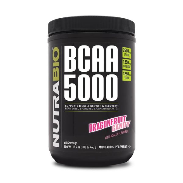 NutraBio BCAA 5000 Powder - Vegan Fermented BCAAs - Supports Lean Muscle Growth, Recovery, Endurance - Zero Fat, Sugar, and Carbs - 60 Servings - Dragonfruit Candy