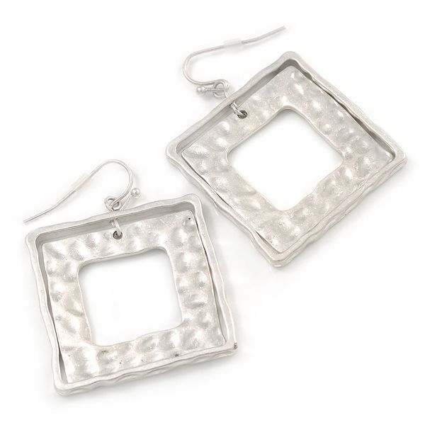 Double Frame Square Hammered Drop Earrings/Light Silver Tone/ 45mm L