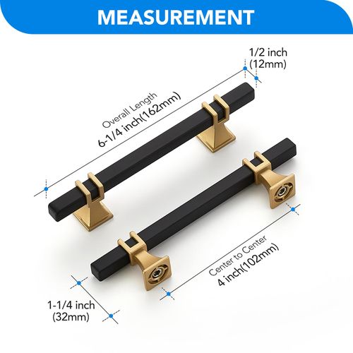 HOME EDIT 10 Pack 4 inch Black & Gold Cabinet Handles Square Zinc-Alloy Pulls for Kitchen Dresser Closet and Bathroom Cabinets Hardware