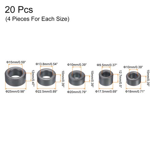 PATIKIL Ferrite Toroid Cores Set 17.5x12.7x9.5mm 18x10x10mm 20x10x10mm 22.5x10x13.8mm 25x12x15mm, 20 Pack Transformer Inductor Coil Ring, Black