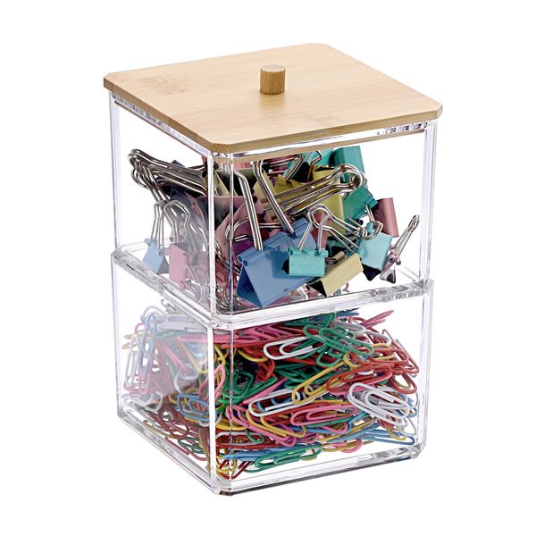 BTSKY Clear Stackable Paper Clip Holder with Bamboo Lid 2-Layer Paperclip Box Thick Acrylic Office Supply Accessory Organizer Square Small Storage Holder Cute Qtip Holder for Office Bathroom Vanity