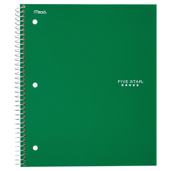 Five Star Spiral Notebook, 1 Subject, College Ruled Paper, 100 Sheets, 11" x 8-1/2", School, Wired, Green (72055)