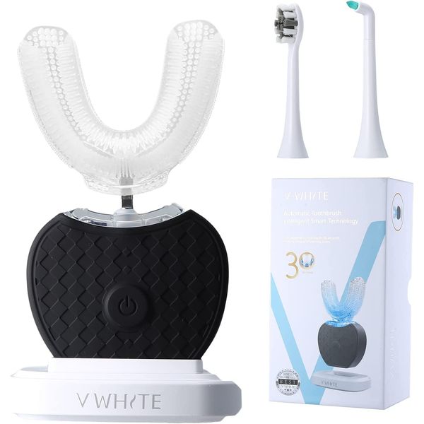 V-White Electric Toothbrush Adults - Ultrasonic U-Shaped Toothbrushes for Teeth Whitening - 360° Mouth Cleansing, Hands free Gums Protection - Wireless Charging & LED Light - Waterproof IPX7 Certified