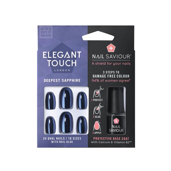 Elegant Touch with Nail Saviour & Nail Glue, False Nails (24 Nails) - Deepest Sapphire